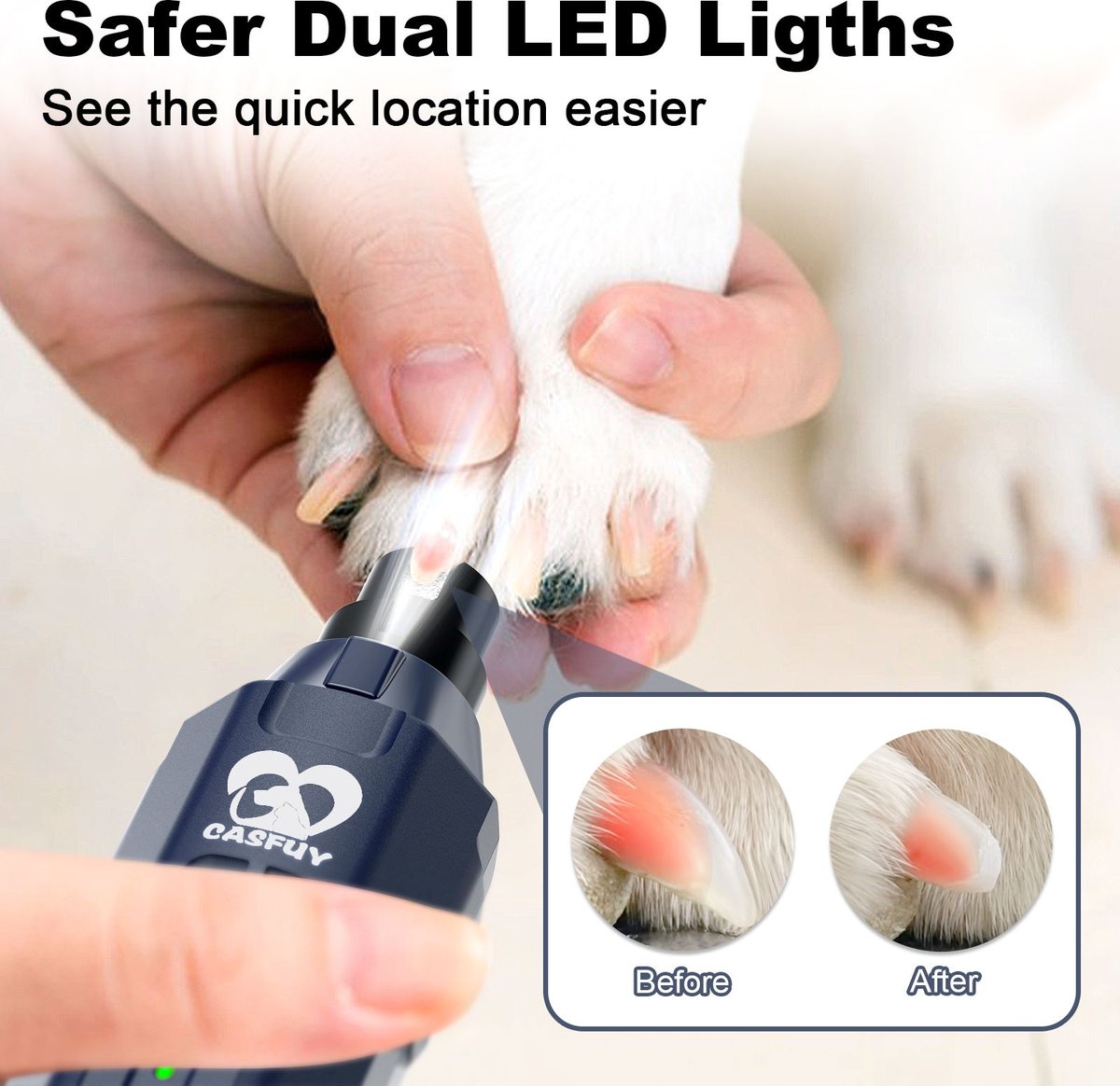 Casfuy Upgraded Quiet 6 Speed Electric Dog & Cat Nail Grinder with 2 LED Lights