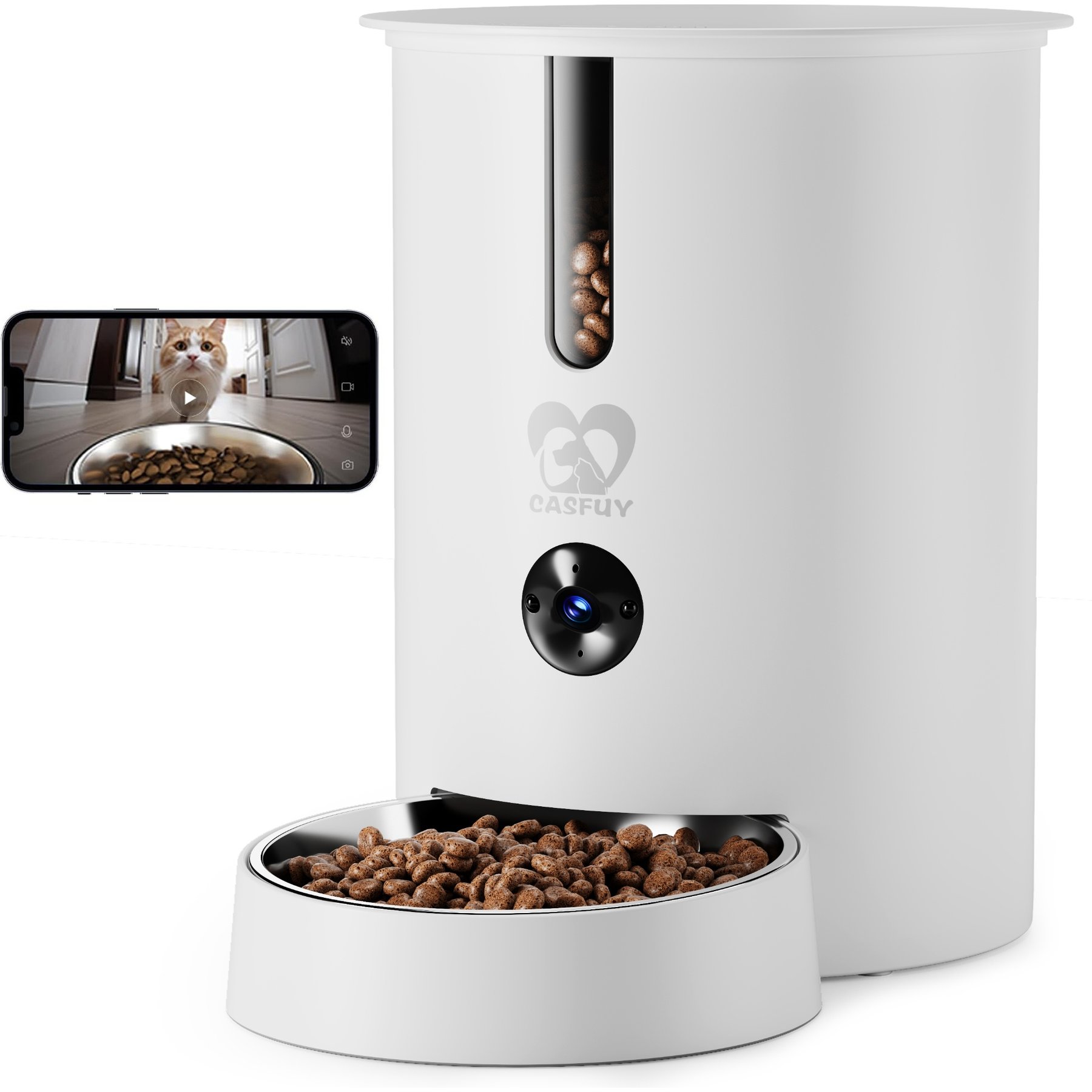Casfuy WIFI Automatic Cat & Dog Feeder with HD Camera, Removable Storage Hopper, 2.8L, White
