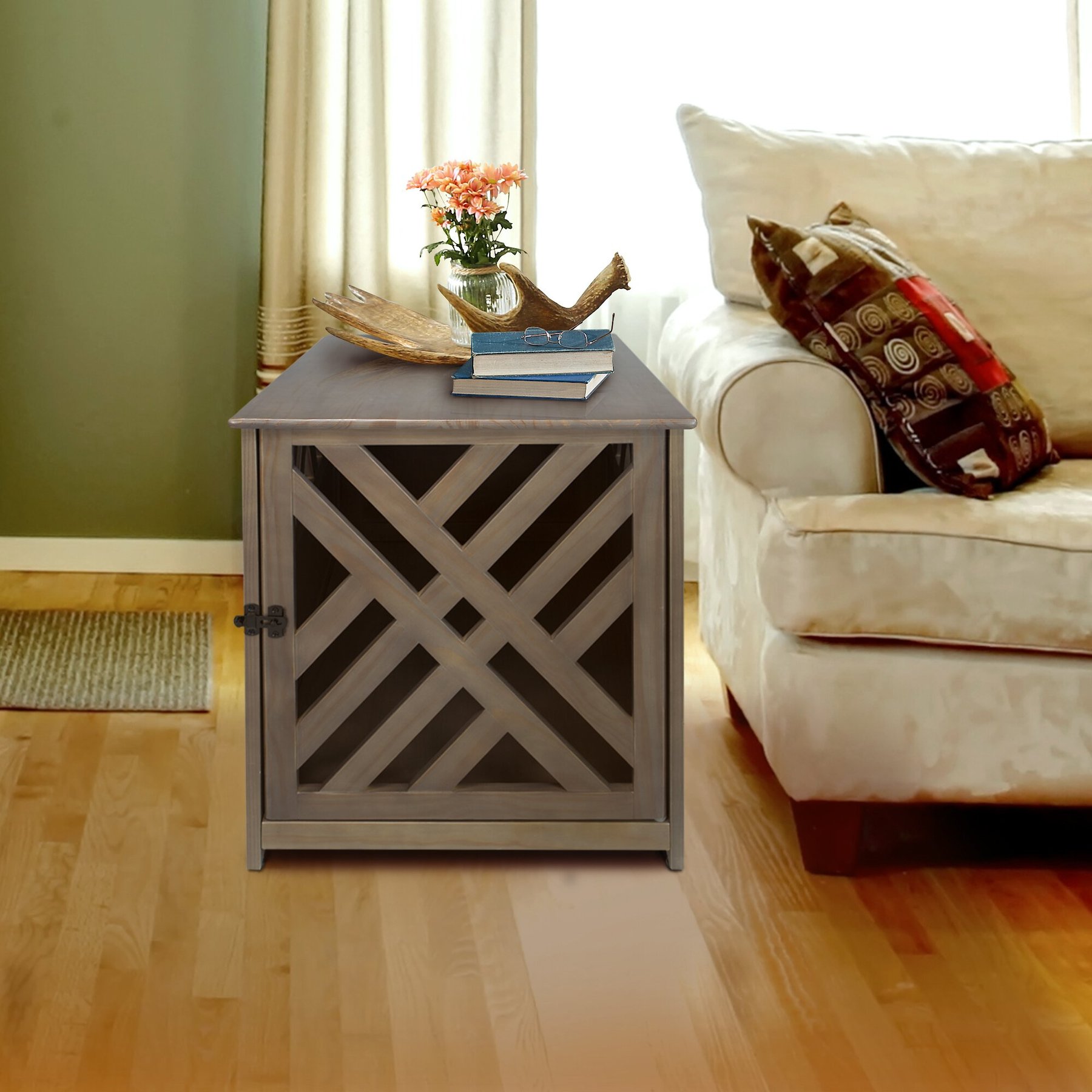 Casual Home Modern Lattice Single Door Furniture Style Dog Crate & End Table, Taupe Grey, 36 inch