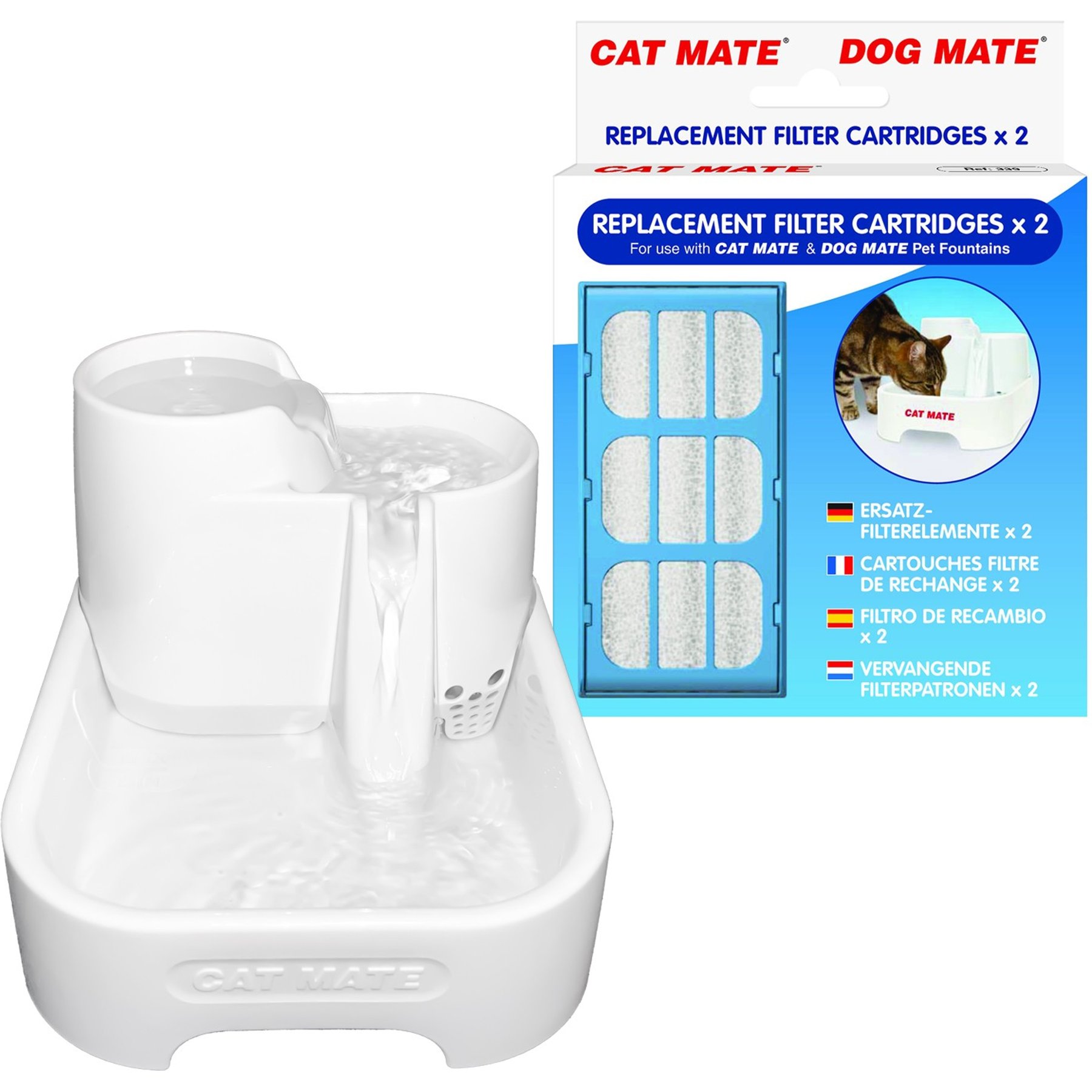 Cat Mate Plastic Dog & Cat Fountain, 67.6-oz + Replacement Filter Cartridges, 2 count