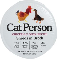 Cat Person by Weruva Shredded Chicken & Duck in Broth Grain-Free Wet Cat Food, 2.75-oz cup, case of 24