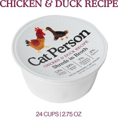 Show full view: Cat Person by Weruva Shredded Chicken & Duck in Broth Grain-Free Wet Cat Food, 2.75-oz cup, case of 24 slide 3 of 8