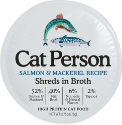 Cat Person by Weruva Salmon & Mackerel Shreds in Broth Grain-Free Wet Cat Food, 2.75-oz cup, case of 24
