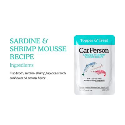 Show full view: Cat Person by Weruva Sardine & Shrimp Mousse Grain-Free Wet Cat Food Topper, 3-oz pouch, case of 4 slide 5 of 9