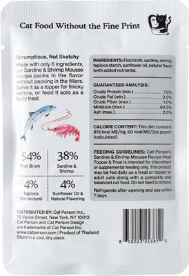 Show full view: Cat Person by Weruva Sardine & Shrimp Mousse Grain-Free Wet Cat Food Topper, 3-oz pouch, case of 4 slide 6 of 9