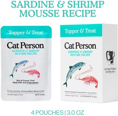 Show full view: Cat Person by Weruva Sardine & Shrimp Mousse Grain-Free Wet Cat Food Topper, 3-oz pouch, case of 4 slide 3 of 9