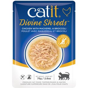 Catit Divine Shreds Chicken with Mackerel & Broccoli Cat Topping, 2.65-oz bag
