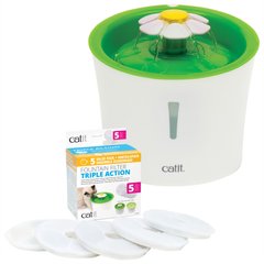 Catit Flower Plastic Cat Fountain, 100-oz + Triple Action Fountain Filter, 5 pack