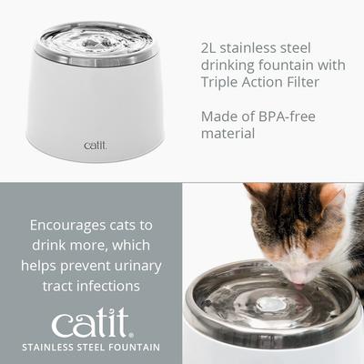 Show full view: Catit Fresh & Clear Stainless Steel Top Cat Fountain, 64-oz + Triple Action Filter, 2 pack slide 4 of 9