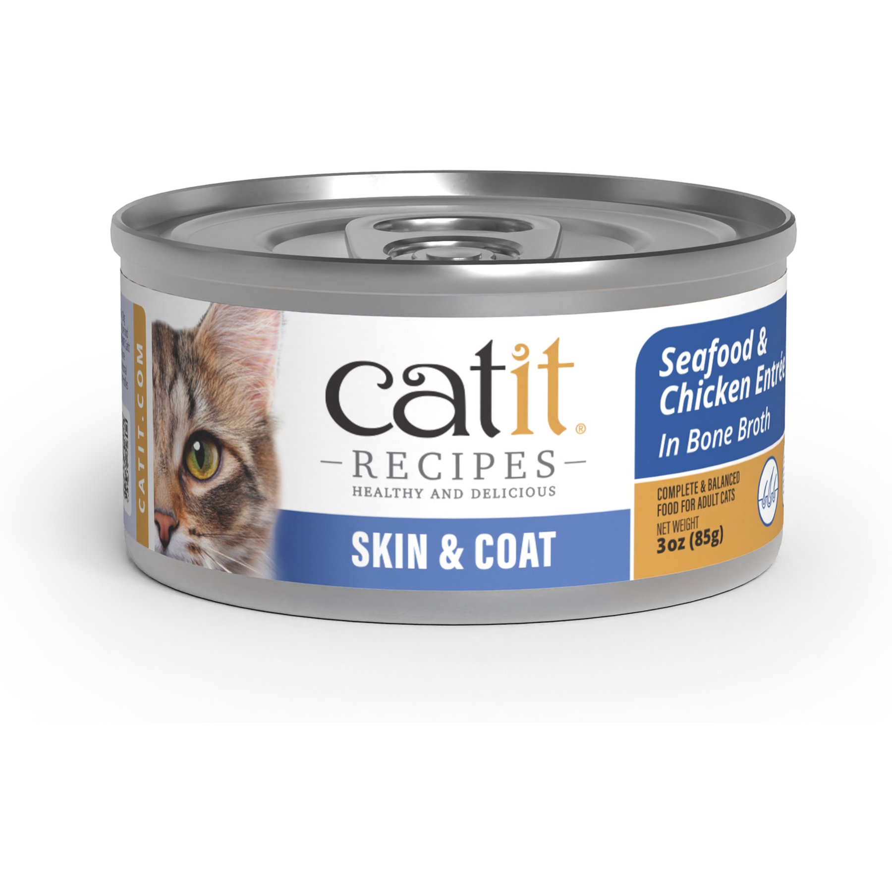 Catit Recipes Skin & Coat High-Protein Prebiotics for Digestion Chicken & Seafood Flavored Wet Cat Food, 3-oz can, 24 count