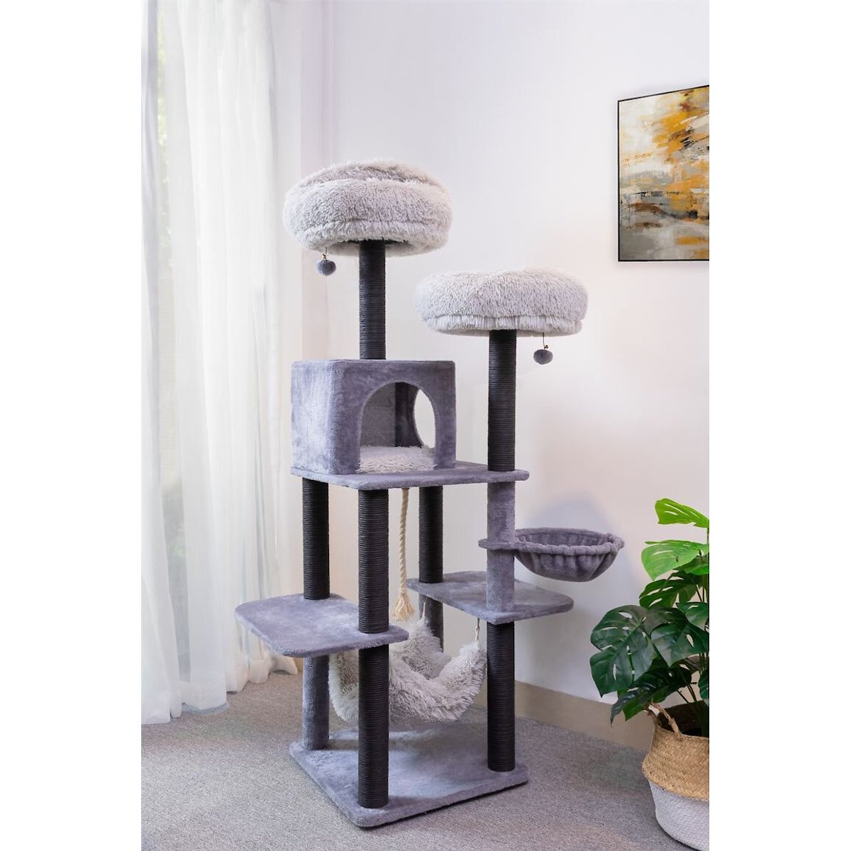 Catry interactive 7-Level Cat Tree with Condo, Scratching Posts, & Toys, 63-in H, Grey