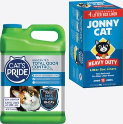 Cat's Pride Max Power Total Odor Control Multi-Cat Clumping Litter, Unscented, 15-lb jug + Jonny Cat Heavy Duty Tear-Resistant Jumbo Litter Box Liners, 15 Count