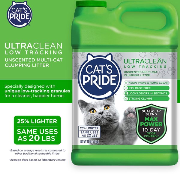 Show full view: Cat's Pride Max Power UltraClean Low-Tracking Multi-Cat Clumping Litter, Unscented, 15-lb jug slide 3 of 9