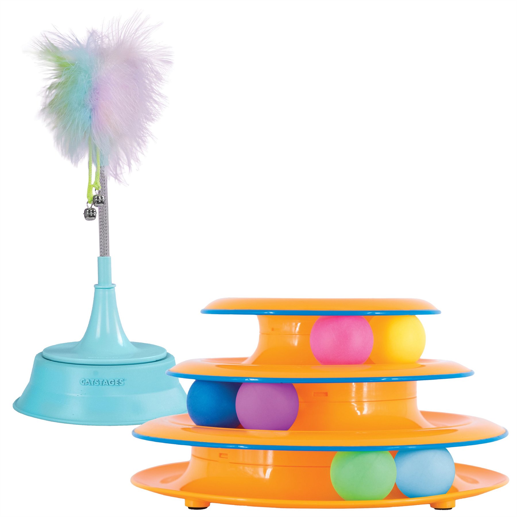 Catstages Tower of Tracks Cat Toy & Catstages 2-in-1 Spring Interactive & Topper for Ball Track, Bat & Swat Spring Toy with Feathers & Bells Cat Toy, Blue