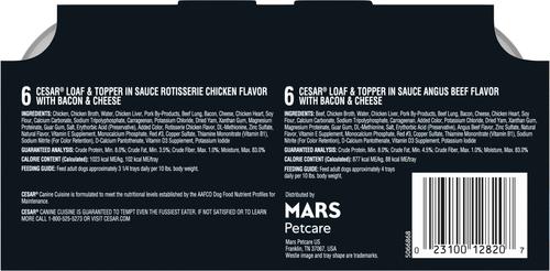 Show full view: Cesar Bacon Feast Loaf & Topper Variety Pack Small Breed Adult Wet Dog Food Trays, 3.5-oz, case of 12 slide 3 of 12