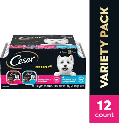 Show full view: Cesar Breakfast Classic Loaf in Sauce Variety Pack Small Breed Adult Wet Dog Food Trays, 3.5-oz, case of 12 slide 4 of 12