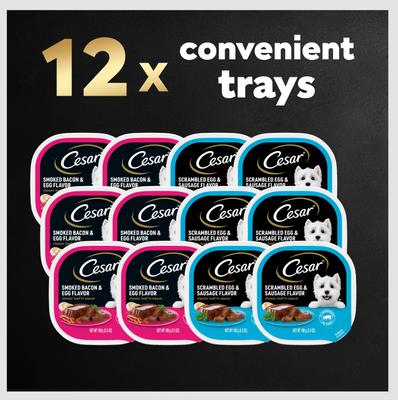 Show full view: Cesar Breakfast Classic Loaf in Sauce Variety Pack Small Breed Adult Wet Dog Food Trays, 3.5-oz, case of 12 slide 10 of 12