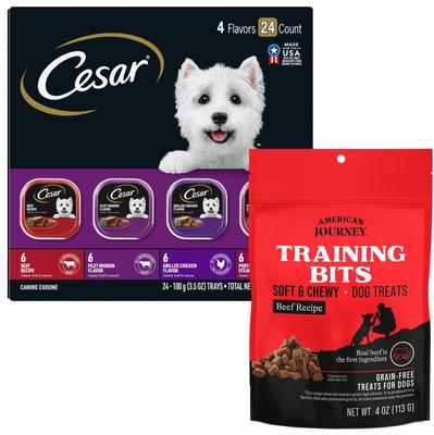 Show full view: Cesar Classic Loaf in Sauce Beef Recipe, Filet Mignon, Grilled Chicken, & Porterhouse Steak Flavors Food Trays + American Journey Beef Recipe Grain-Free Soft & Chewy Training Bits Dog Treats slide 1 of 9