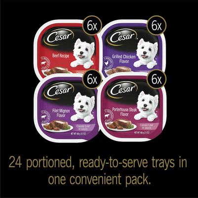 Show full view: Cesar Classic Loaf in Sauce Beef Recipe, Filet Mignon, Grilled Chicken, & Porterhouse Steak Flavors Food Trays + American Journey Beef Recipe Grain-Free Soft & Chewy Training Bits Dog Treats slide 3 of 9