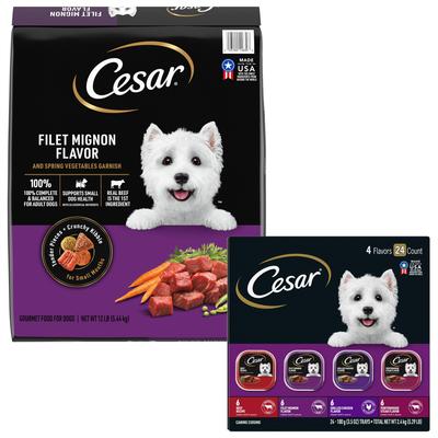 Show full view: Cesar Classic Loaf in Sauce Beef Recipe, Filet Mignon, Grilled Chicken, & Porterhouse Steak Flavors Variety Pack Food Trays + Filet Mignon Flavor & Spring Vegetables Garnish Dry Dog Food slide 1 of 10