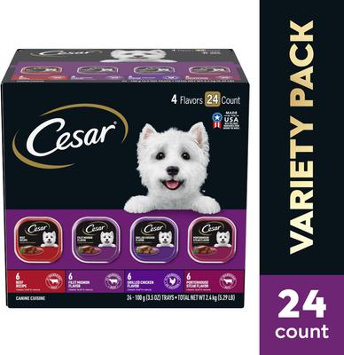 Show full view: Cesar Classic Loaf in Sauce Beef Recipe, Filet Mignon, Grilled Chicken, & Porterhouse Steak Flavors Variety Pack Food Trays + Filet Mignon Flavor & Spring Vegetables Garnish Dry Dog Food slide 3 of 10