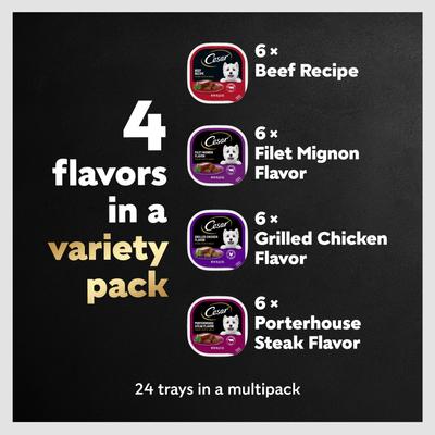 Show full view: Cesar Classic Loaf in Sauce Beef Recipe, Filet Mignon, Grilled Chicken & Porterhouse Steak Flavors Variety Pack Grain-Free Small Breed Adult Wet Dog Food Trays, 3.5-oz, case of 24 slide 10 of 12