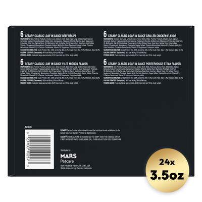Show full view: Cesar Classic Loaf in Sauce Beef Recipe, Filet Mignon, Grilled Chicken & Porterhouse Steak Flavors Variety Pack Grain-Free Small Breed Adult Wet Dog Food Trays, 3.5-oz, case of 24 slide 3 of 12