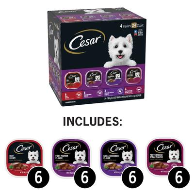 Show full view: Cesar Classic Loaf in Sauce Beef Recipe, Filet Mignon, Grilled Chicken, & Porterhouse Steak Flavors Variety Pack + Poultry Variety Pack Small Breed Wet Dog Food slide 3 of 10