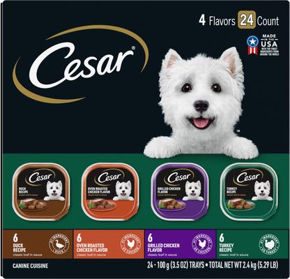 Show full view: Cesar Classic Loaf in Sauce Beef Recipe, Filet Mignon, Grilled Chicken, & Porterhouse Steak Flavors Variety Pack + Poultry Variety Pack Small Breed Wet Dog Food slide 6 of 10