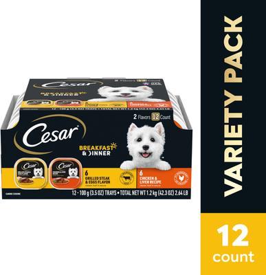 Show full view: Cesar Classic Loaf in Sauce Breakfast & Dinner Mealtime Variety Pack Grain-Free Small Breed Adult Wet Dog Food Trays, 3.5-oz, case of 12 slide 4 of 12