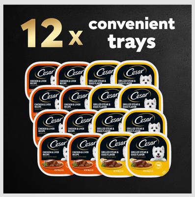 Show full view: Cesar Classic Loaf in Sauce Breakfast & Dinner Mealtime Variety Pack Grain-Free Small Breed Adult Wet Dog Food Trays, 3.5-oz, case of 12 slide 10 of 12