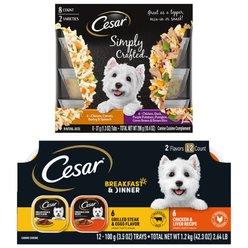 Cesar Classic Loaf in Sauce Breakfast & Dinner Mealtime Variety Pack Wet Dog Food + Simply Crafted Variety Pack Wet Dog Food Meal Topper