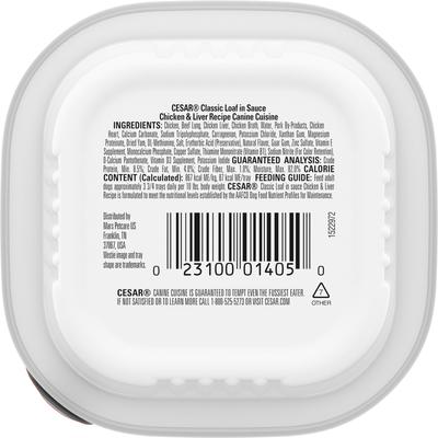 Show full view: Cesar Classic Loaf in Sauce Chicken & Liver Recipe Grain-Free Small Breed Adult Wet Dog Food Trays, 3.5-oz, case of 24 slide 3 of 12