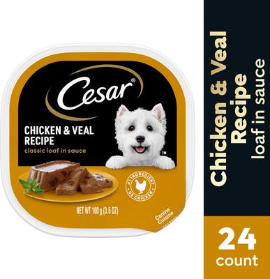 Show full view: Cesar Classic Loaf in Sauce Chicken & Veal Recipe Small Breed Wet Dog Food, 3.5-oz, case of 24 slide 4 of 12