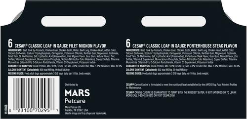 Show full view: Cesar Classic Loaf in Sauce Filet Mignon & Porterhouse Steak Flavors Variety Pack Grain-Free Small Breed Adult Wet Dog Food Trays, 3.5-oz, case of 12 slide 3 of 12