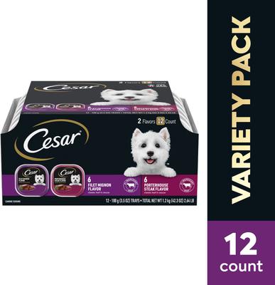 Show full view: Cesar Classic Loaf in Sauce Filet Mignon & Porterhouse Steak Flavors Variety Pack Grain-Free Small Breed Adult Wet Dog Food Trays, 3.5-oz, case of 12 slide 4 of 12