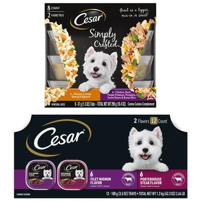 Show full view: Cesar Classic Loaf in Sauce Filet Mignon & Porterhouse Steak Flavors Variety Pack Wet Food + Simply Crafted Variety Pack Wet Dog Food Meal Topper slide 1 of 9