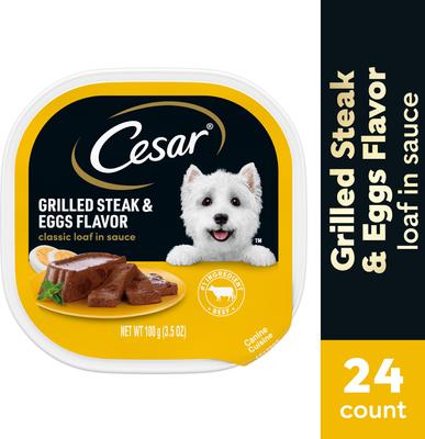 Show full view: Cesar Classic Loaf in Sauce Grilled Steak & Eggs Flavor Small Breed Adult Wet Dog Food Trays, 3.5-oz, case of 24 slide 4 of 12