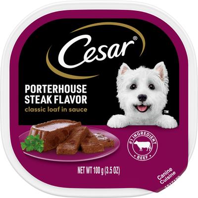 Show full view: Cesar Classic Loaf in Sauce Porterhouse Steak Flavor Grain-Free Small Breed Adult Wet Dog Food Trays, 3.5-oz, case of 24 slide 1 of 12