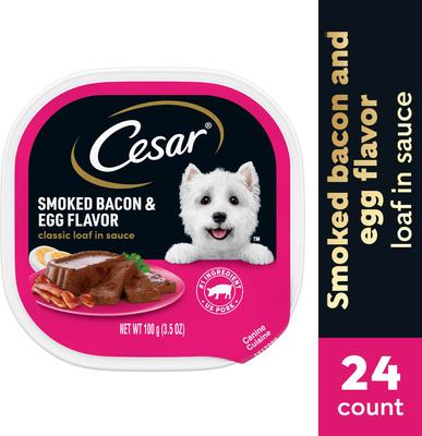Show full view: Cesar Classic Loaf in Sauce Smoked Bacon & Egg Flavor Grain-Free Small Breed Adult Wet Dog Food Trays, 3.5-oz, case of 24 slide 4 of 12