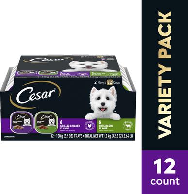 Show full view: Cesar Classic Loaf in Sauce Top Sirloin & Grilled Chicken Flavors Variety Pack Grain-Free Small Breed Adult Wet Dog Food Trays, 3.5-oz, case of 12 slide 4 of 12