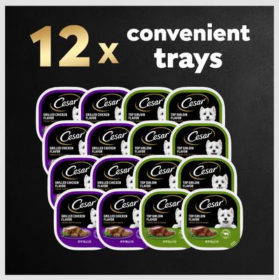 Show full view: Cesar Classic Loaf in Sauce Top Sirloin & Grilled Chicken Flavors Variety Pack Grain-Free Small Breed Adult Wet Dog Food Trays, 3.5-oz, case of 12 slide 10 of 12