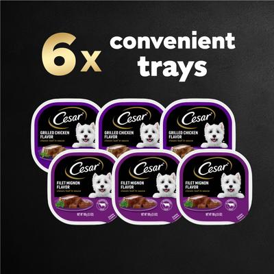 Show full view: Cesar Classic Loaf in Sauce Variety Pack Adult Filet Mignon & Grilled Chicken Wet Dog Food Trays, 3.5-oz, 6 count slide 9 of 11