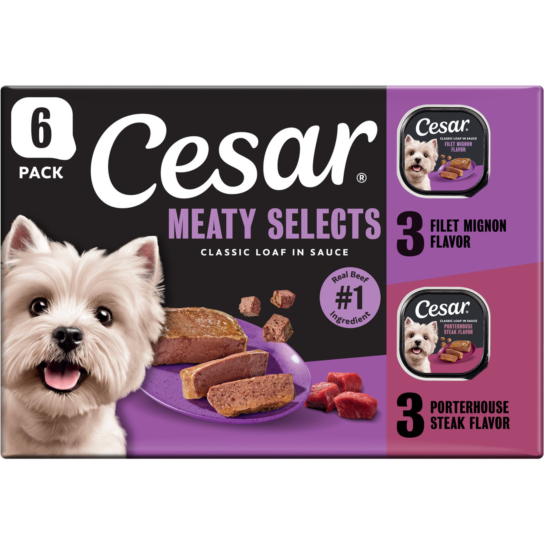 Cesar Classic Loaf in Sauce Variety Pack Adult Flax Free Beef Wet Dog Food, 3.5-oz tray, 6 count