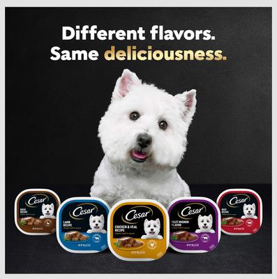 Show full view: Cesar Classic Loaf in Sauce Variety Pack Small Breed Wet Dog Food, 3.5-oz tray, case of 60 slide 10 of 11