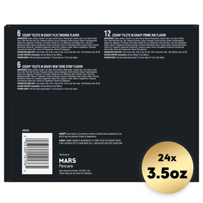 Show full view: Cesar Filets in Gravy Beef Flavors Variety Pack Small Breed Adult Wet Dog Food, 3.5-oz tray, case of 24 slide 3 of 12