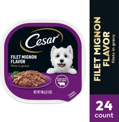 Show full view: Cesar Filets in Gravy Filet Mignon Flavor Small Breed Adult Wet Dog Food, 3.5-oz, case of 24 slide 4 of 12