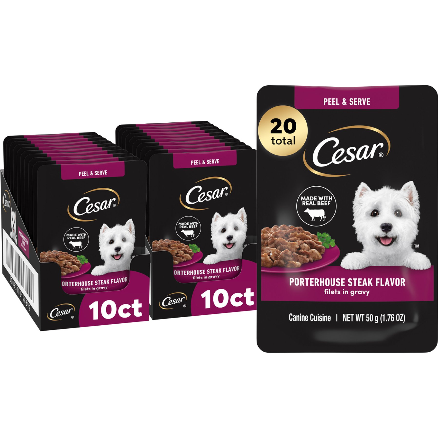 Cesar Filets in Gravy Porterhouse Steak Flavor Wet Dog Food, 1.76-oz pouch, case of 20