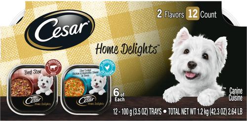 Show full view: Cesar Home Delights Slow Cooked Chicken & Vegetables & Beef Stew Variety Pack Food Trays + Pedigree Tender Bites Complete Nutrition Chicken & Steak Flavor Dry Dog Food slide 2 of 9