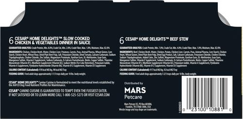 Show full view: Cesar Home Delights Slow Cooked Chicken & Vegetables & Beef Stew Variety Pack Food Trays + Pedigree Tender Bites Complete Nutrition Chicken & Steak Flavor Dry Dog Food slide 3 of 9